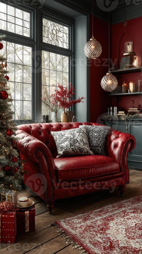 Cozy red leather sofa with decorative pillows in a festive setting during winter holidays photo