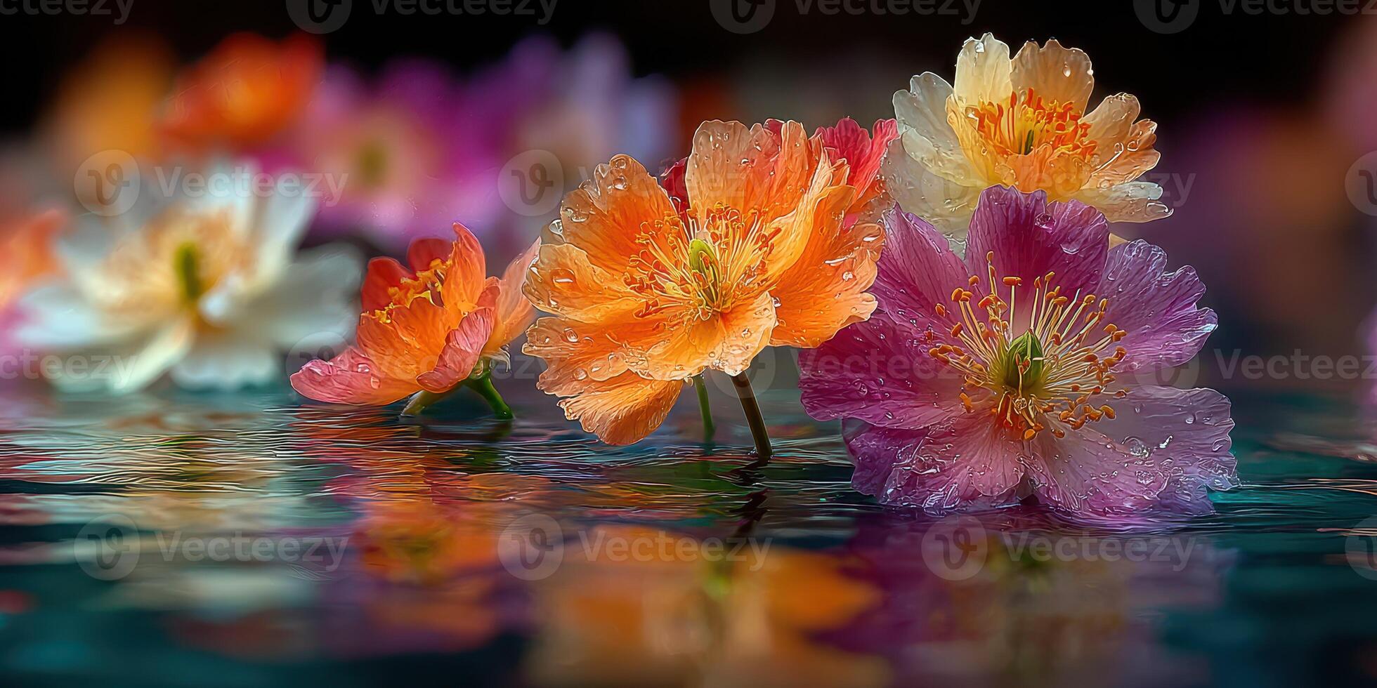 Colorful blossoms floating on a tranquil water surface during a serene morning photo