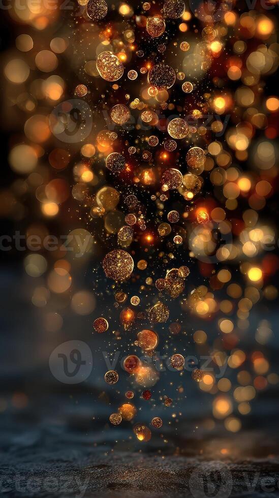 Golden orbs cascade through a dark background creating a mesmerizing effect of light and color photo