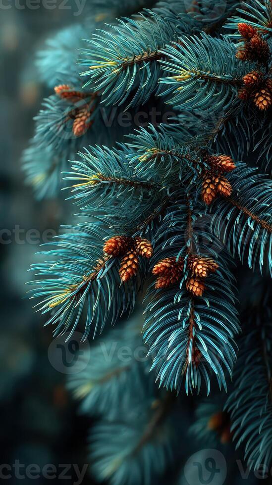 Pine tree branches with cones surrounded by soft green foliage in a peaceful natural setting photo
