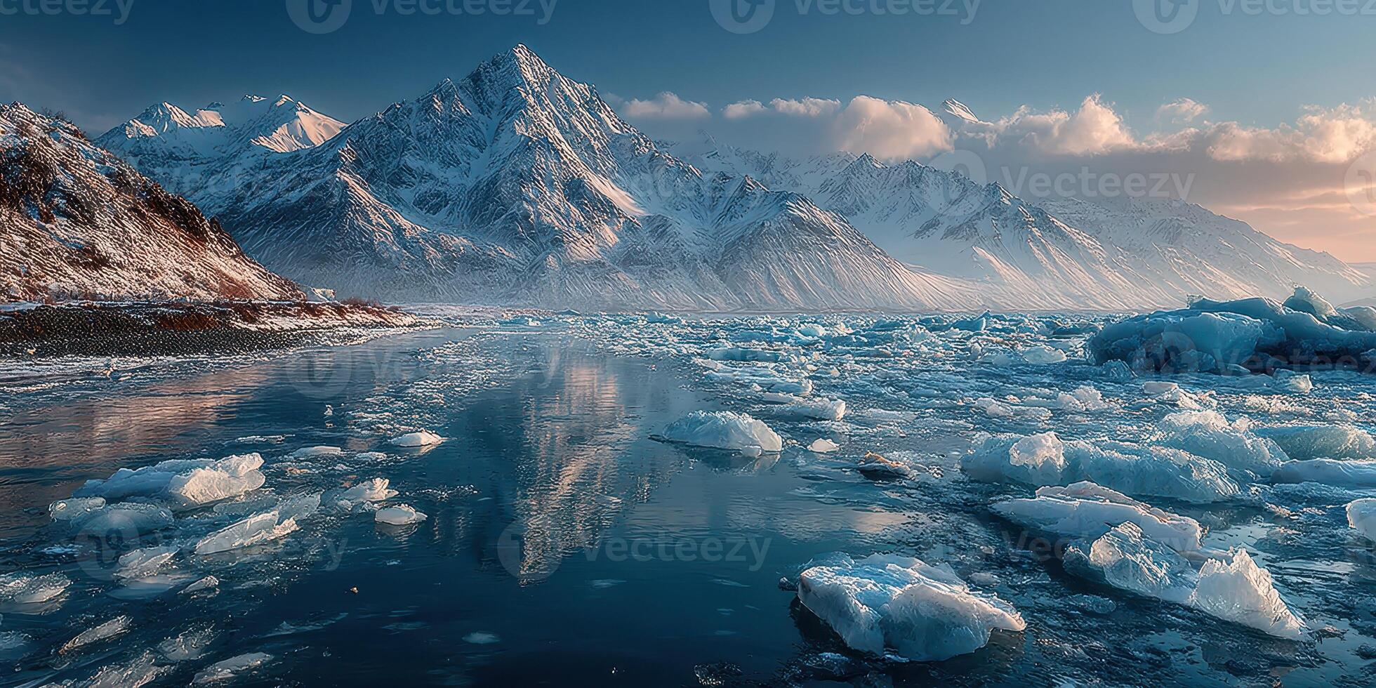 Stunning mountain landscape with icy reflections and tranquil waters during golden hour photo