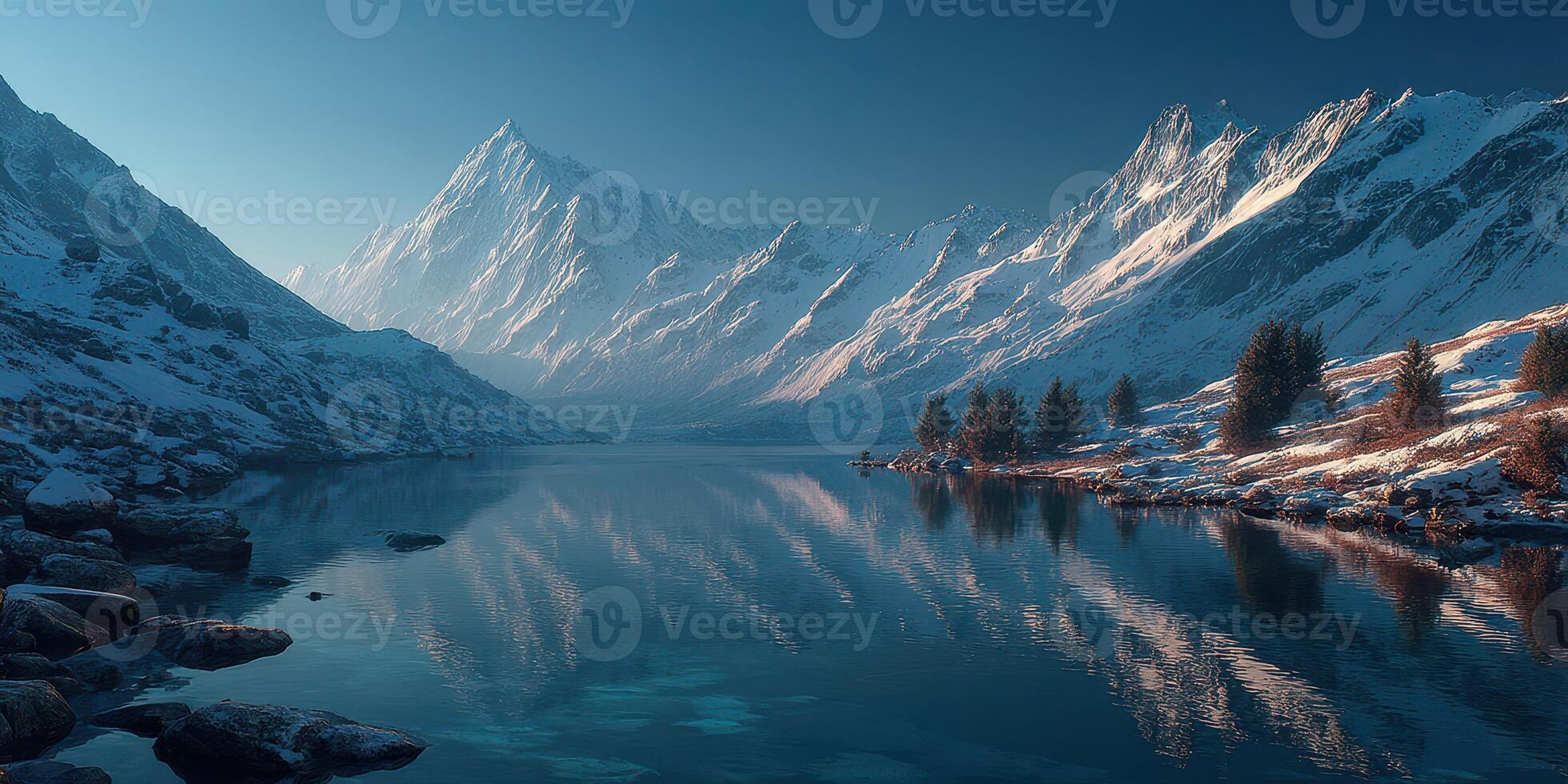 Mountain reflection by a serene lake at dawn with snow-covered peaks and clear blue sky photo