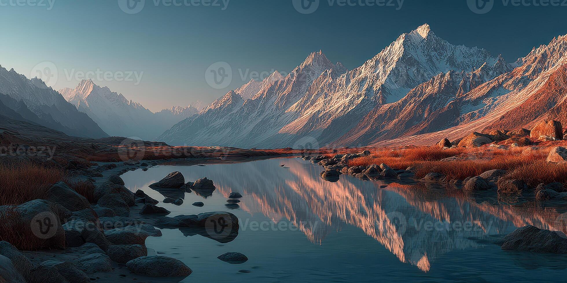 Majestic mountain range reflecting in a serene river at sunset in a tranquil valley photo