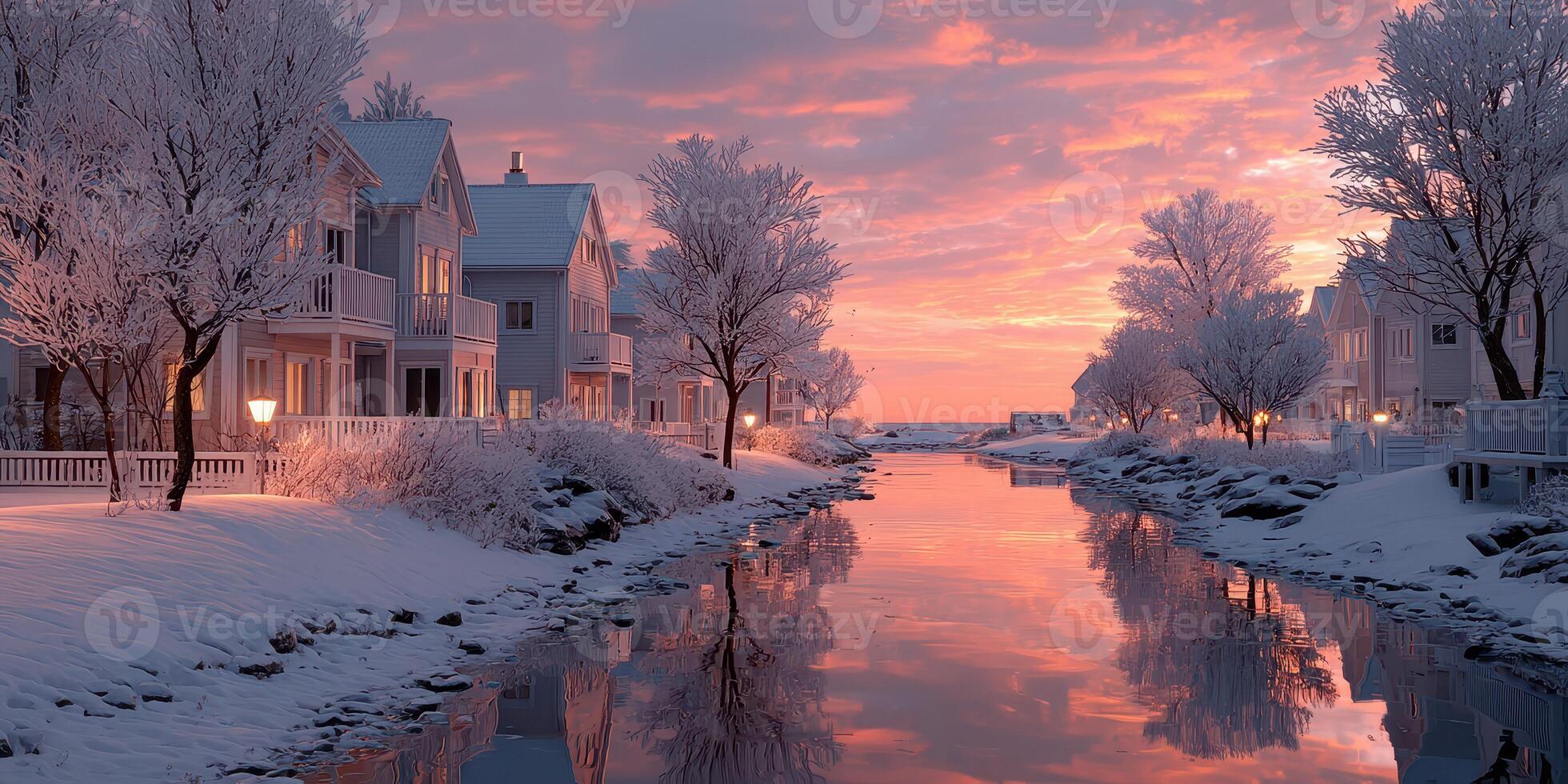 Winter evening glow reflects on a canal lined with houses and trees in a snowy village at sunset photo