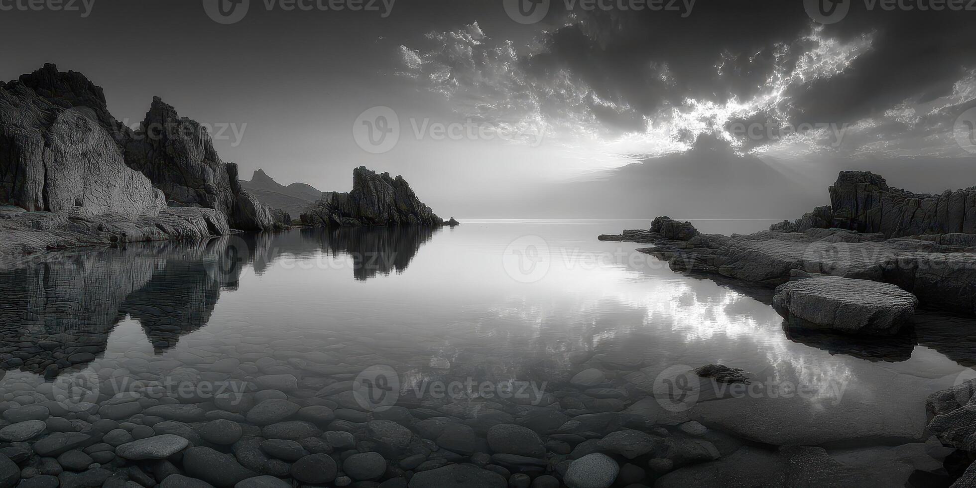 Serene black and white landscape with rocky shore and calm water reflecting clouds during twilight photo
