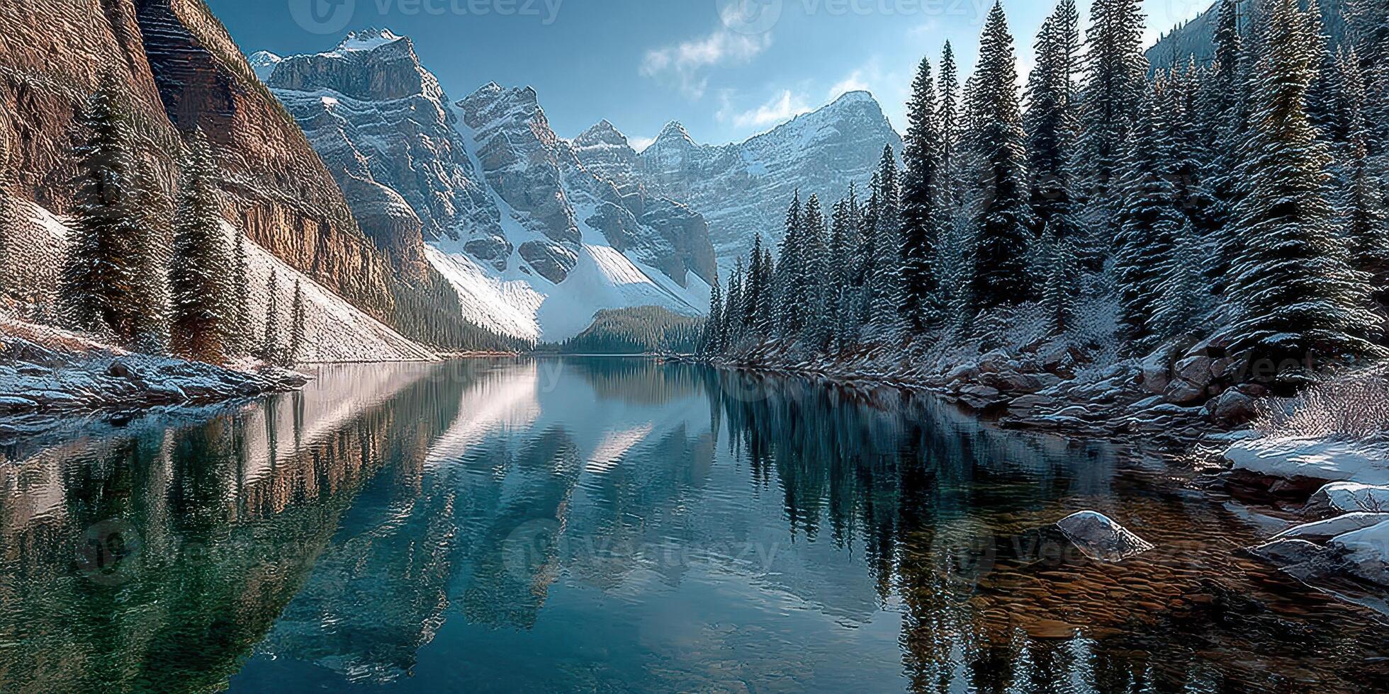 Mountain lake reflecting snowy peaks and evergreen trees under a clear winter sky in a serene natural landscape photo