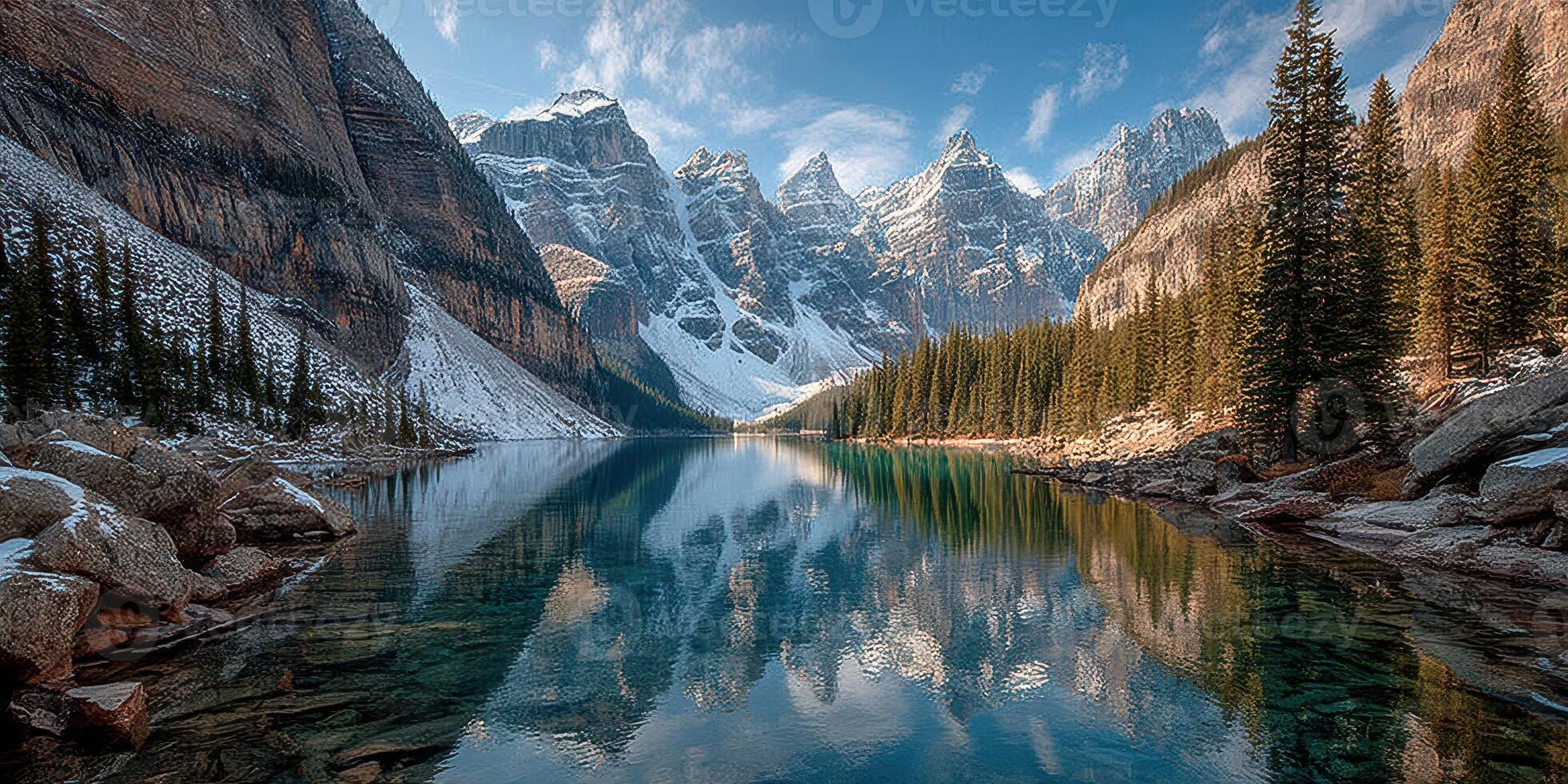 Serene mountain lake reflecting peaks and trees on a clear day in Moraine Lake, Canada during autumn photo