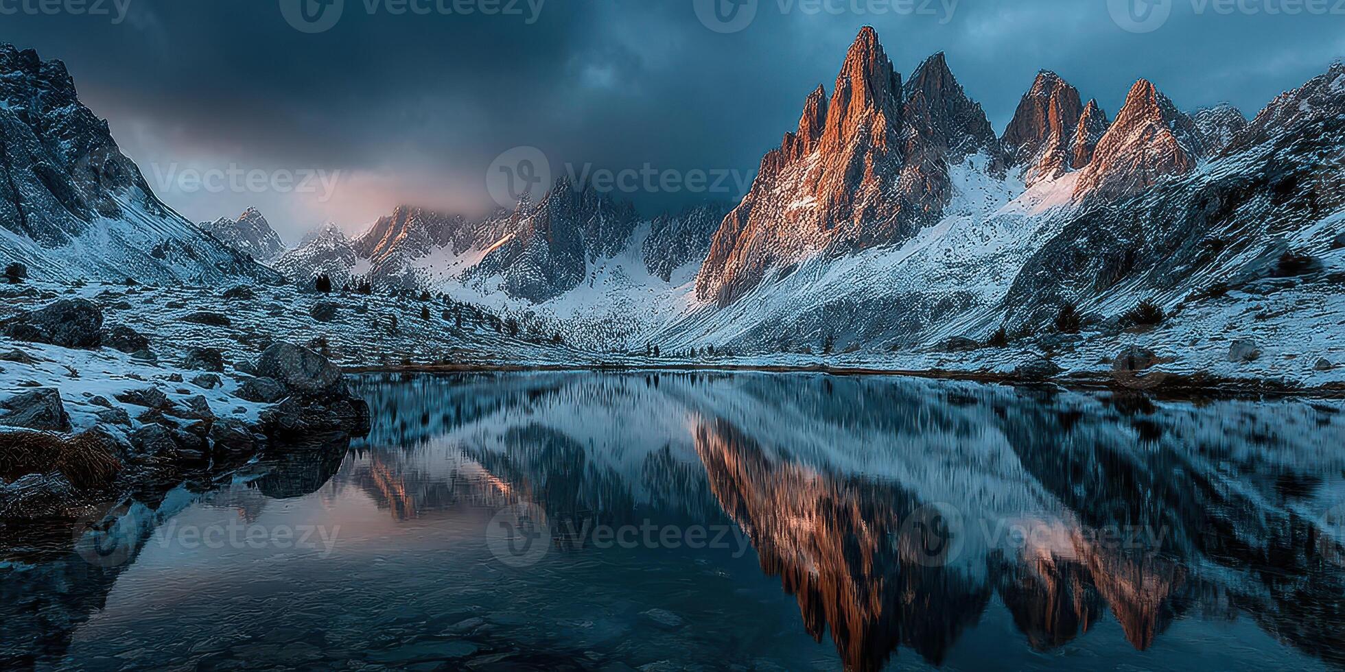 Majestic mountains reflected in calm lake at sunrise under dramatic sky in winter scenery photo