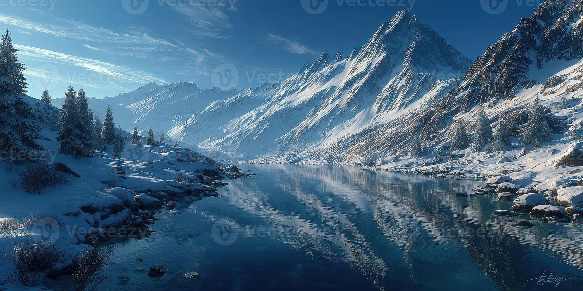 Majestic snow-covered mountains reflecting in a serene river during a tranquil winter morning photo