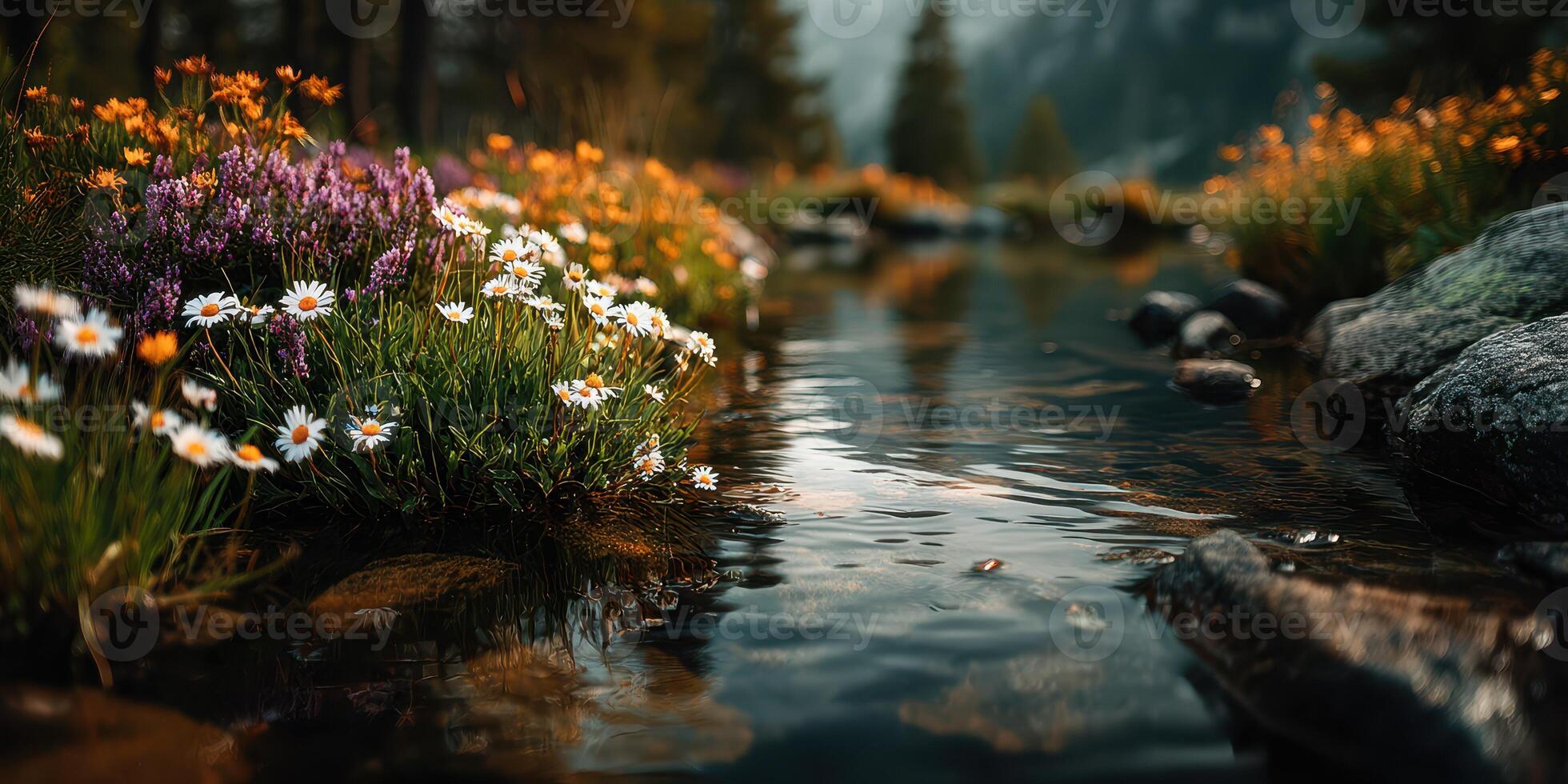 Flowing creek surrounded by wildflowers and serene nature in a tranquil landscape during golden hour photo