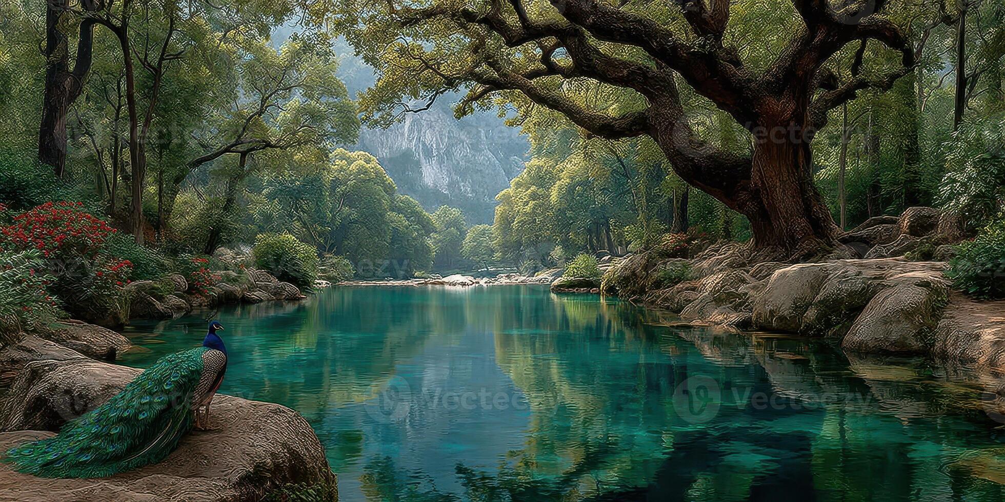 Peacock by a tranquil river in a lush forest during daylight photo