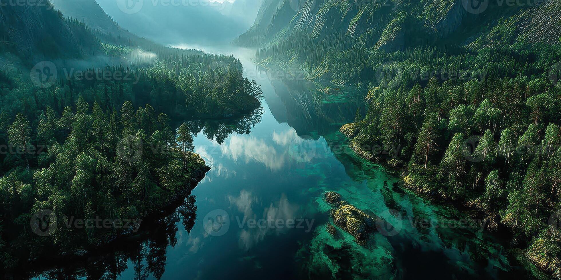 Stunning mountain landscape with reflective waters and lush greenery in a tranquil setting photo