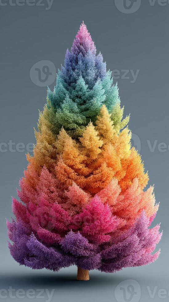Colorful gradient tree showcases vibrant hues at art exhibition in urban gallery during summer afternoon photo