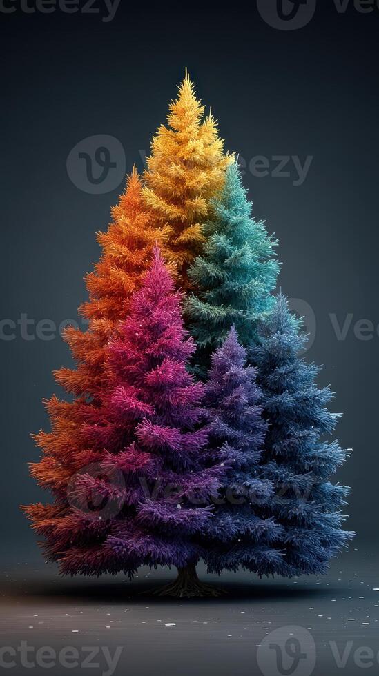Vibrant multicolored coniferous trees arranged in a symmetrical pattern against a dark background photo