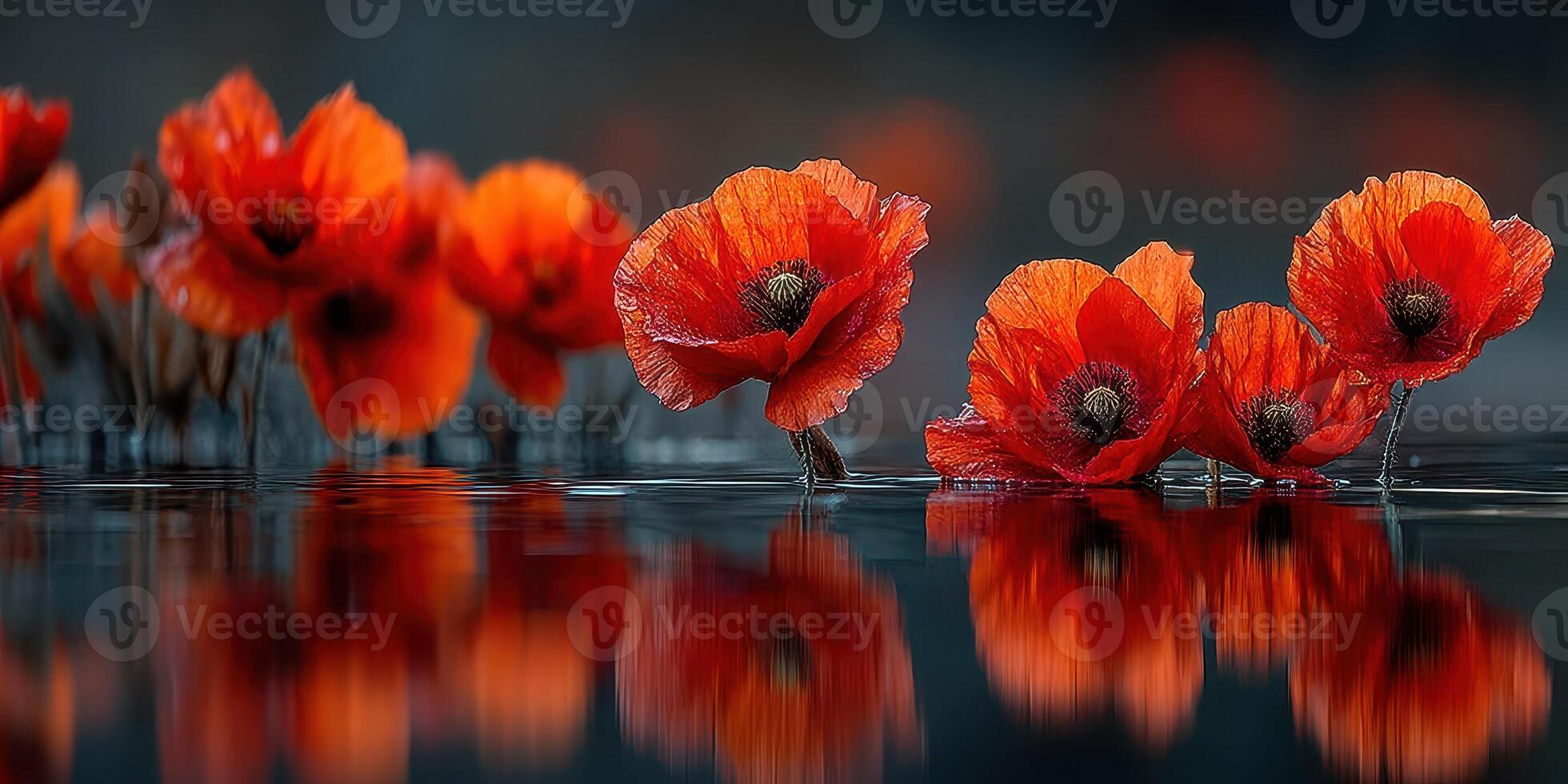 Vibrant red poppy flowers float gracefully on still water during a tranquil sunset photo