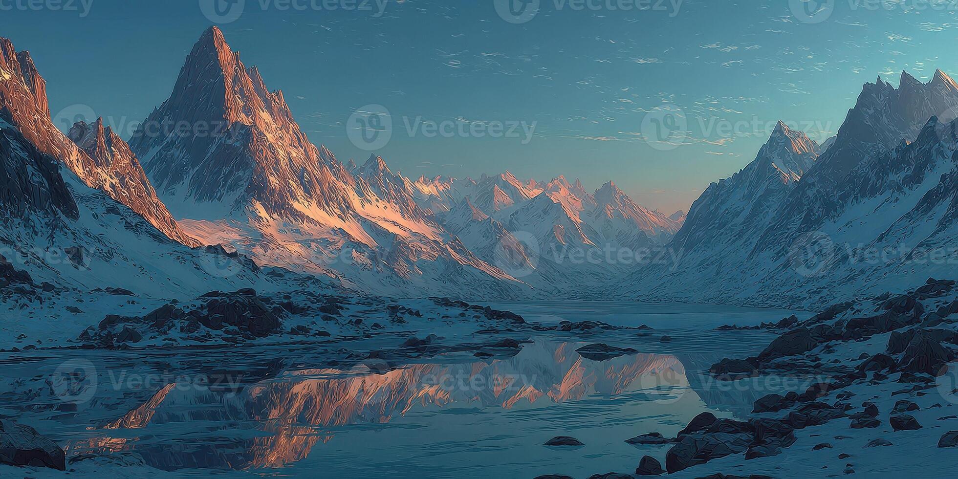 Majestic mountain landscape reflecting in tranquil lake during twilight hours in a winter wonderland photo