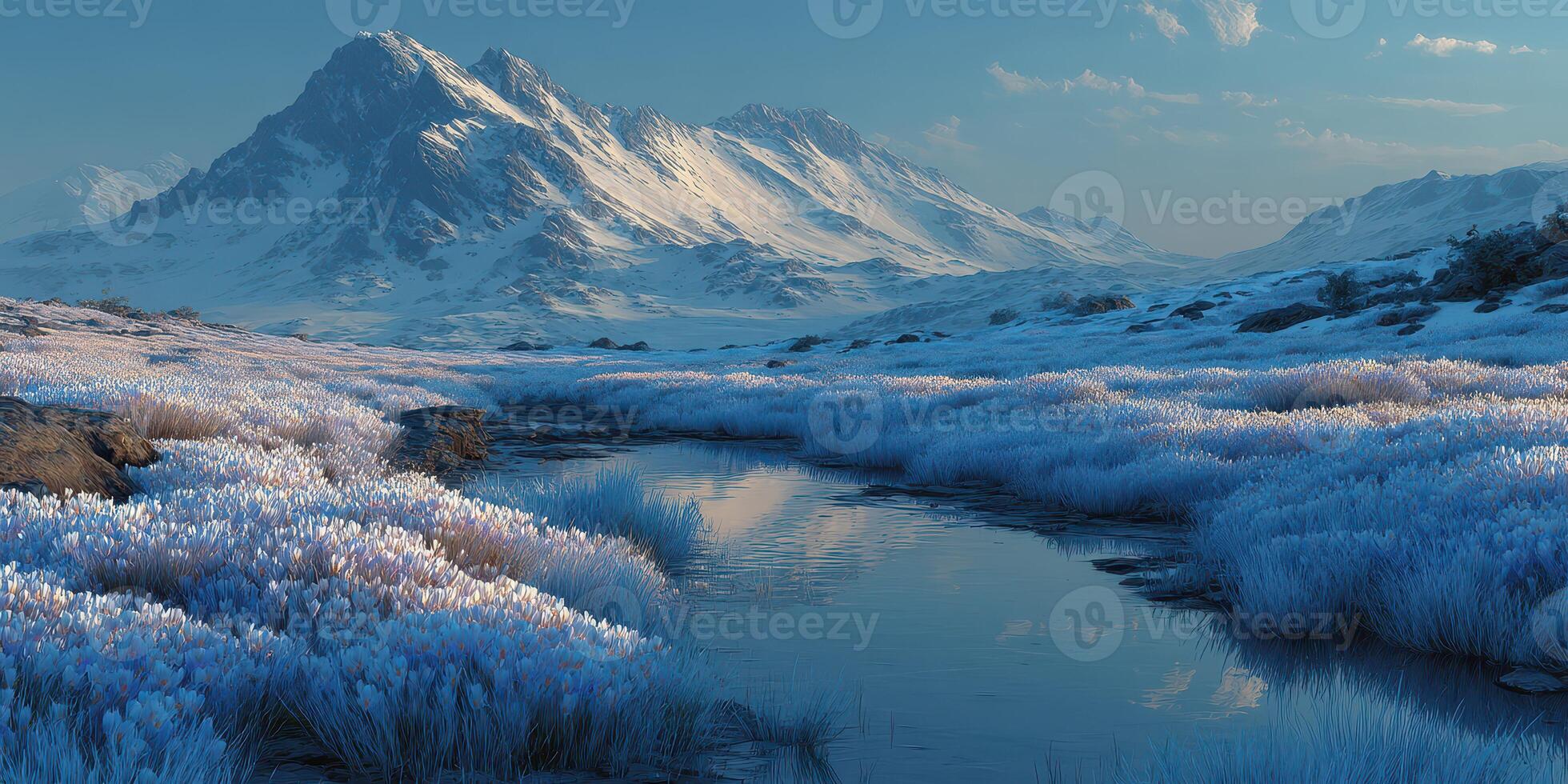 Snow-covered mountains and serene water reflect winter landscape at dusk in a remote location photo