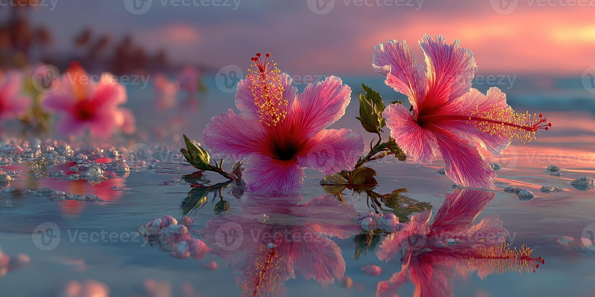 Pink hibiscus flowers blooming at sunset along a tranquil shoreline with gentle waves in the background photo