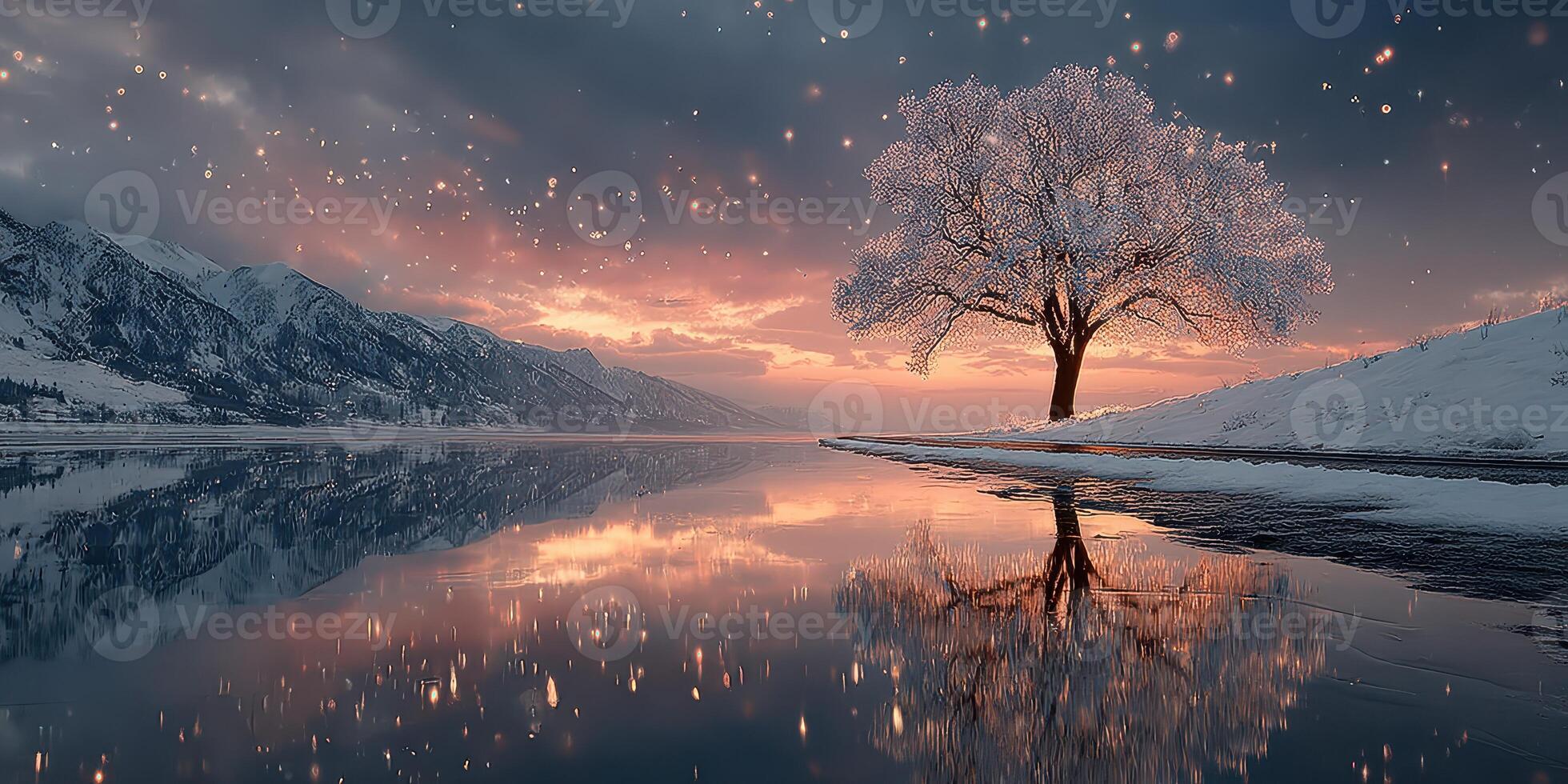 Snowy tree by tranquil lake at sunset with reflections and falling snowflakes photo