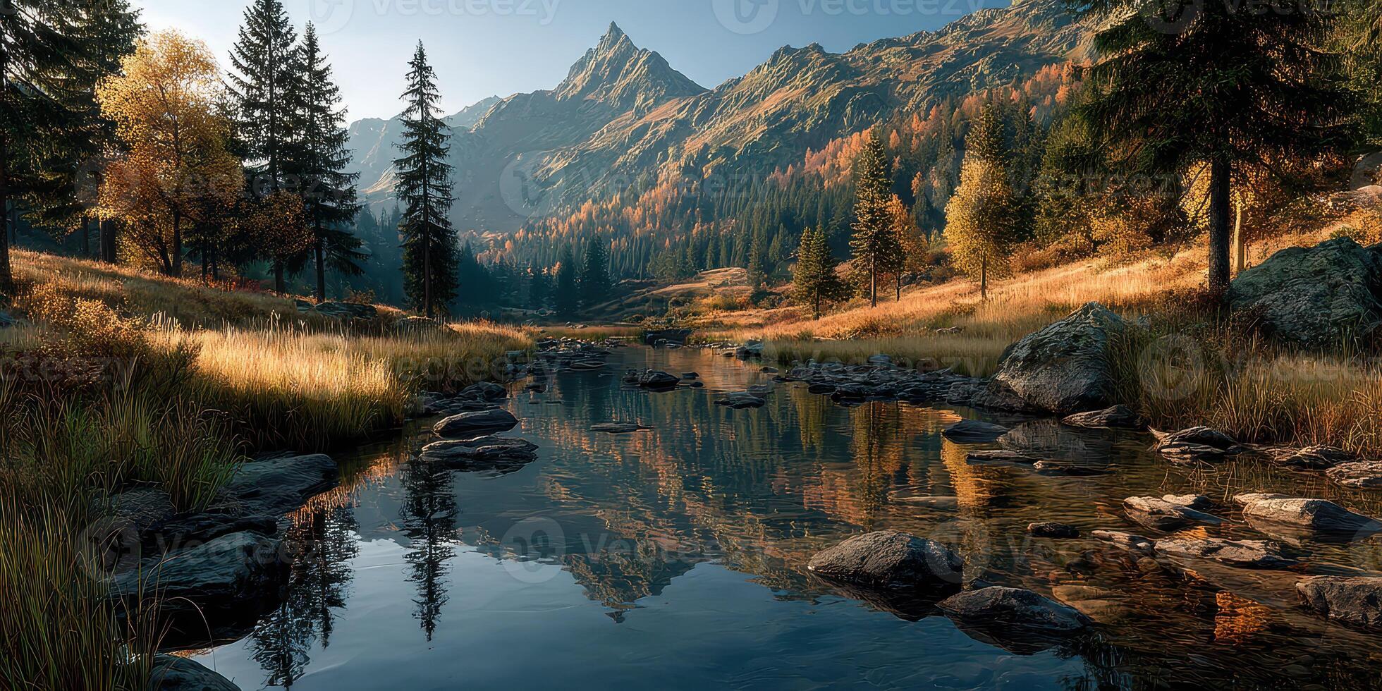 Serene autumn landscape with a river and mountains during golden hour in a peaceful wilderness setting photo
