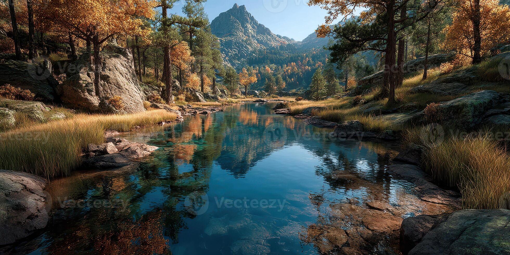 Tranquil autumn landscape featuring a calm river reflecting mountainous scenery under a clear sky photo