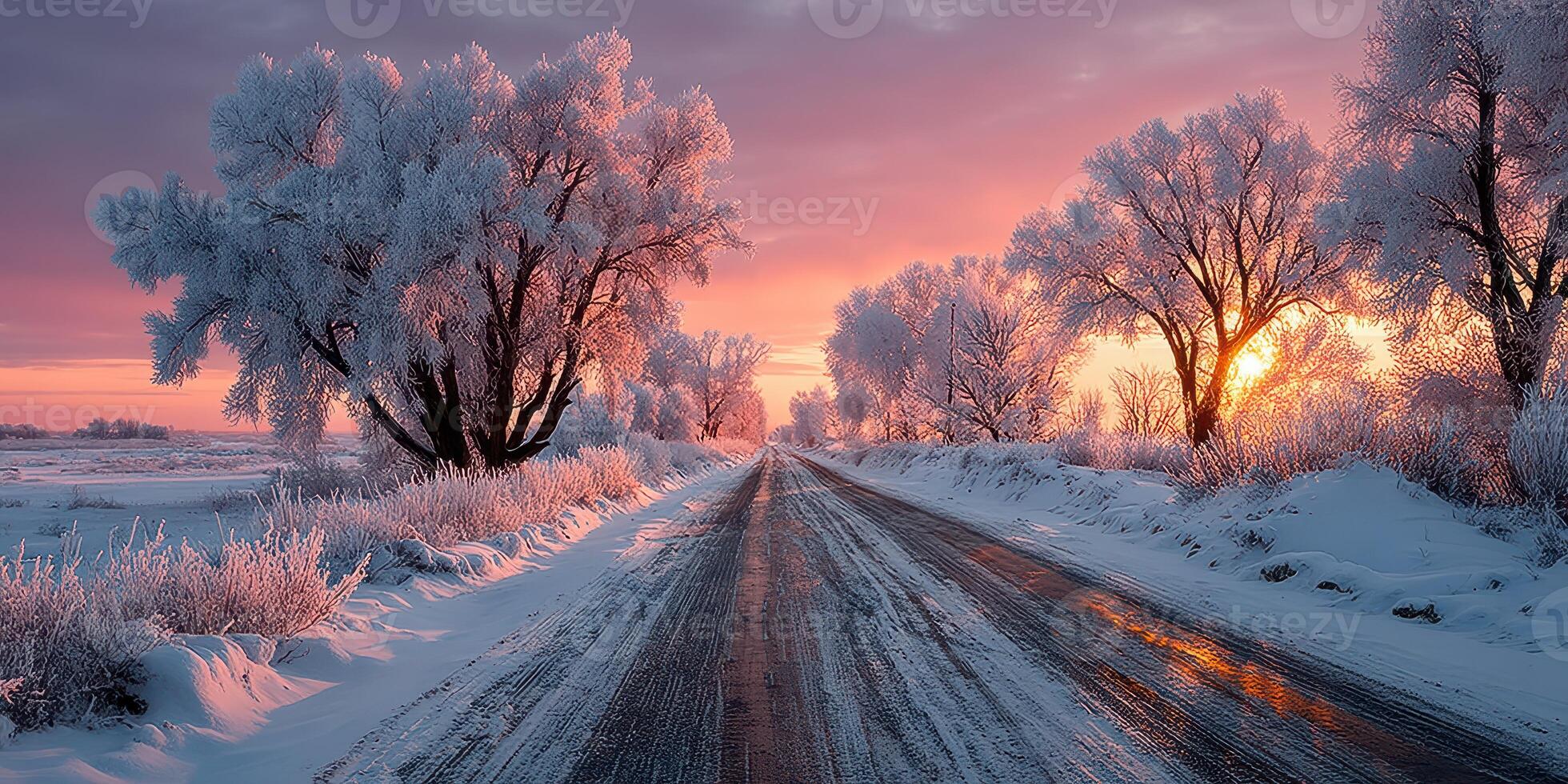 Winter sunset over a snow-covered road framed by frosty trees in a tranquil landscape photo
