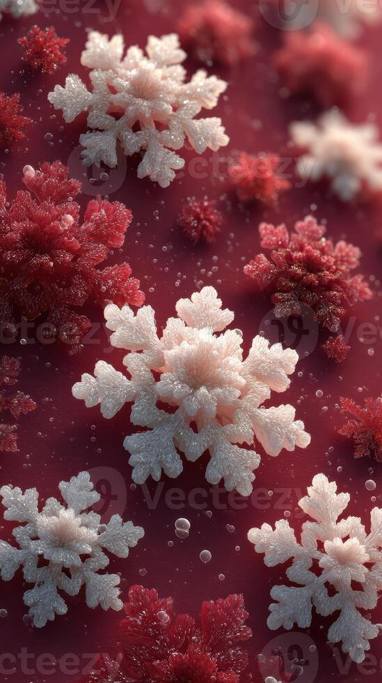 Intricate snowflakes resting on a vivid red surface adorned with droplets photo