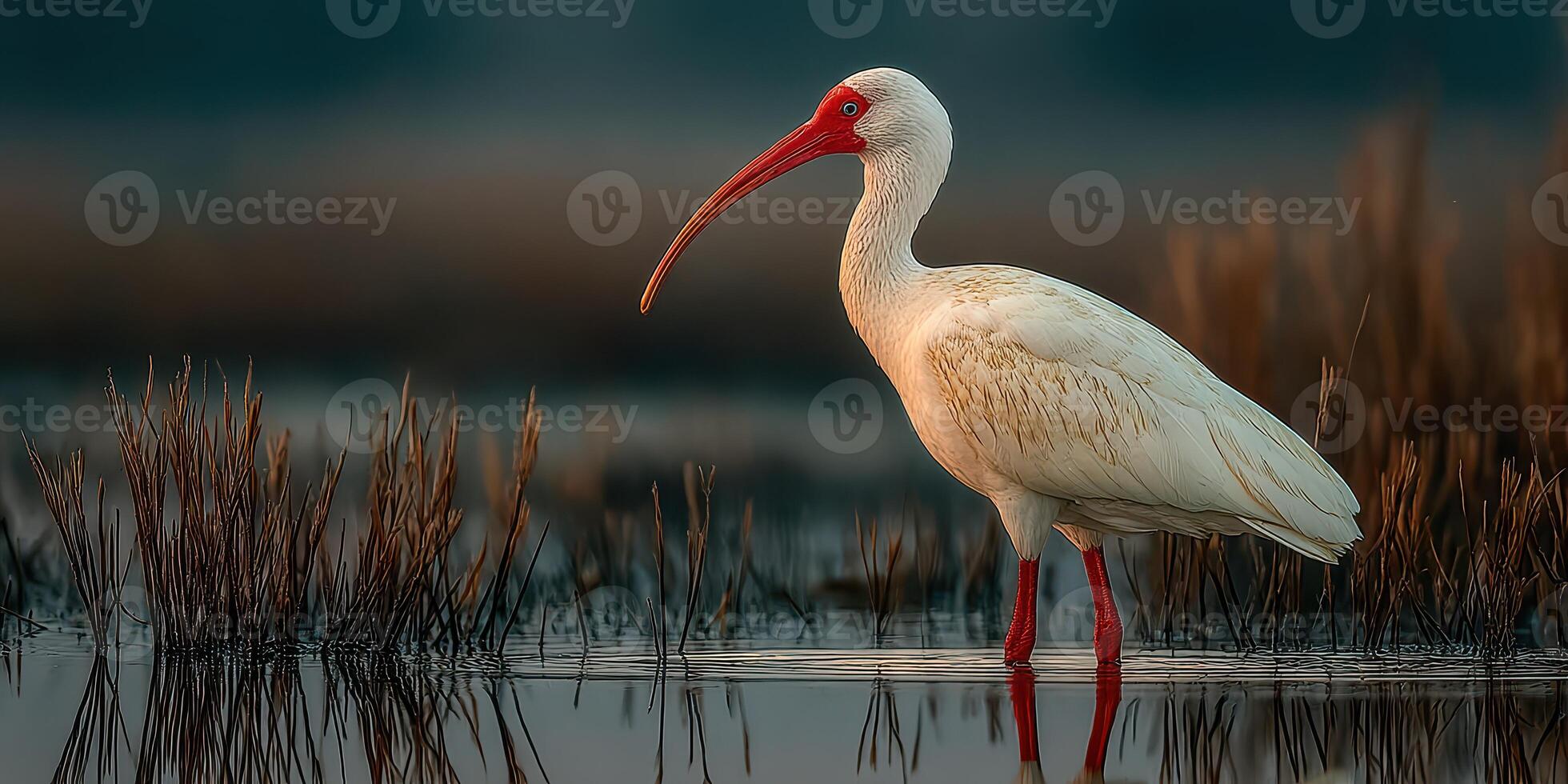 White ibis stands in tranquil wetland at dusk surrounded by tall grass and reflective water photo