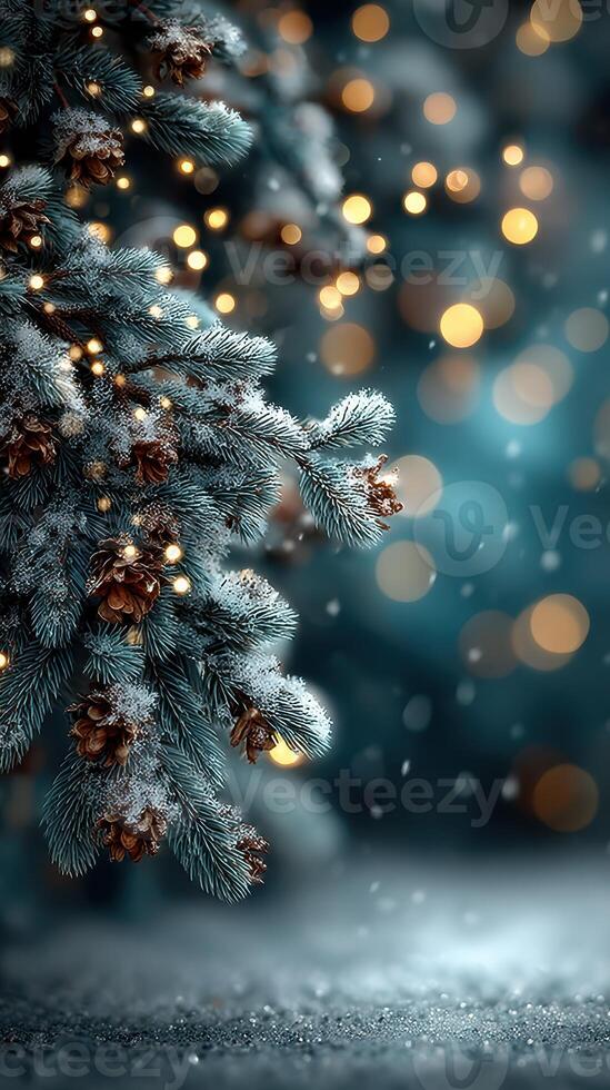 Snowy evergreen branches adorned with warm lights and pine cones create a magical winter atmosphere during the holiday season photo