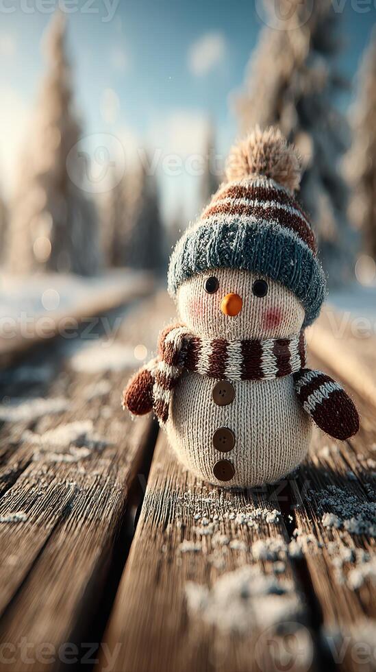 Snowman made of knitted fabric stands on snow-covered wooden path in a winter wonderland setting at sunrise photo