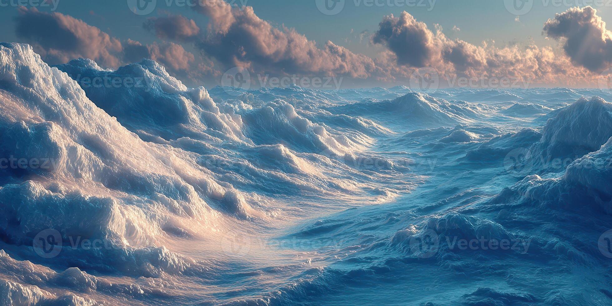 Waves crash under a vibrant sky at sunset with soft clouds reflecting in the water photo