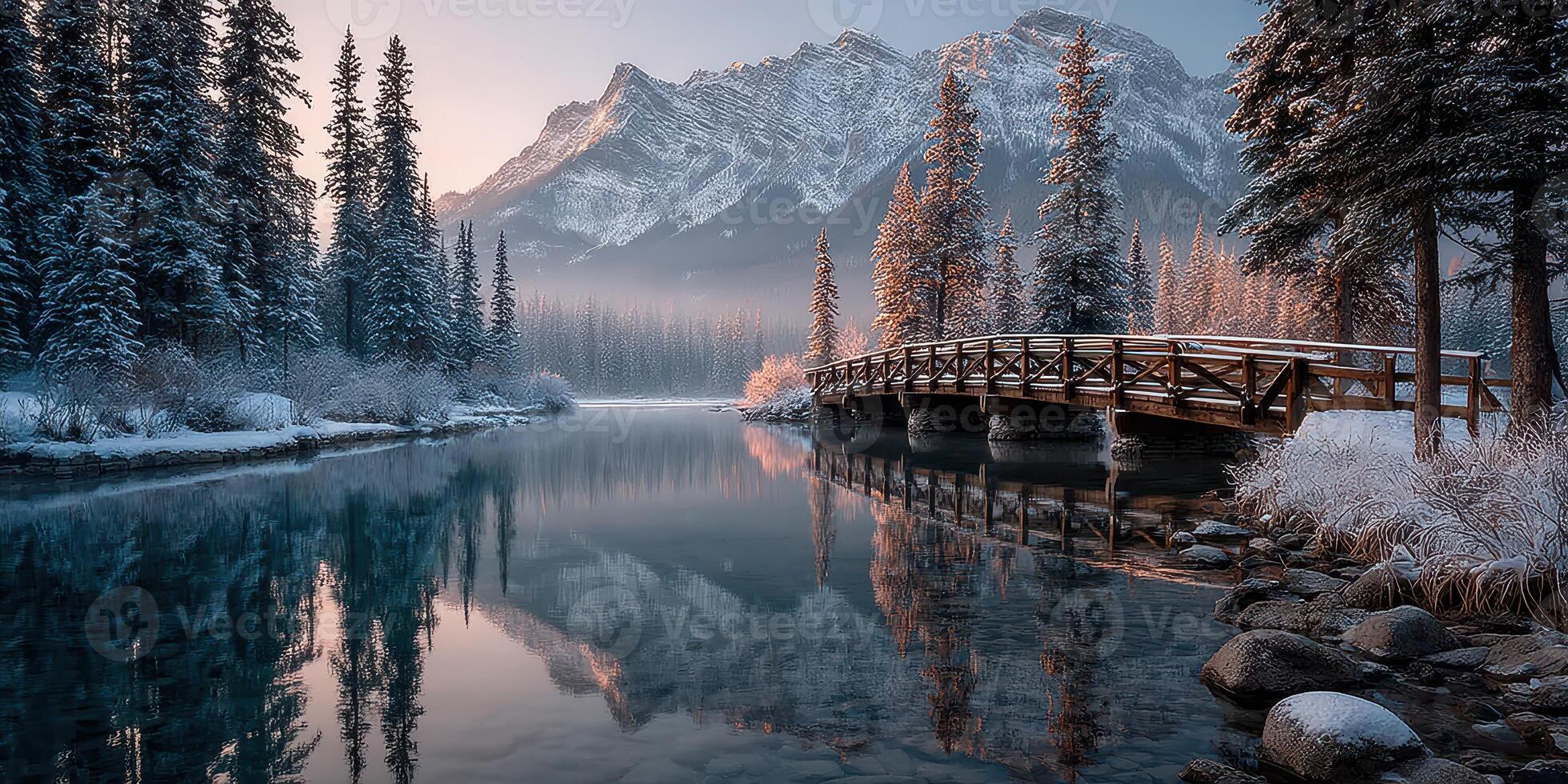 Winter morning at a serene lake with a rustic bridge and snow-covered mountains in the distance photo