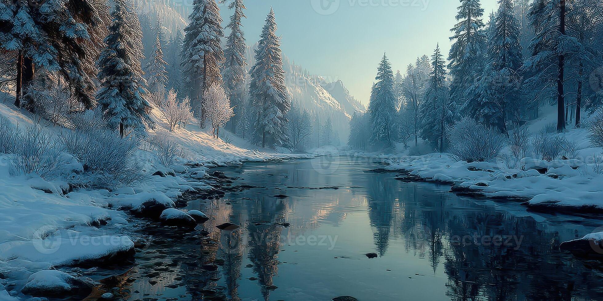 Winter landscape with snow-covered trees and a calm river reflecting the sunlight in the early morning photo