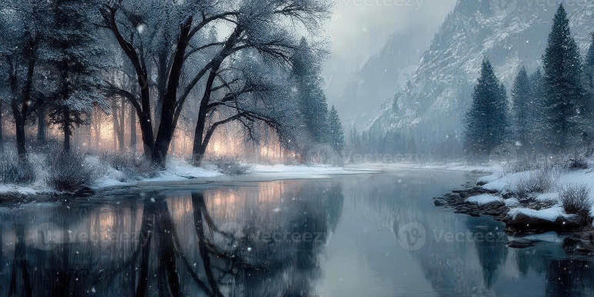 Snow-covered river reflects tall trees and mountains during a calm winter twilight in a serene landscape photo