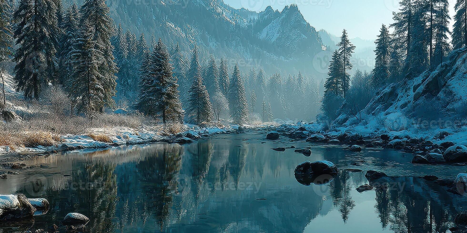 Winter landscape with snow-covered trees and a peaceful river in a mountainous region during early morning light photo