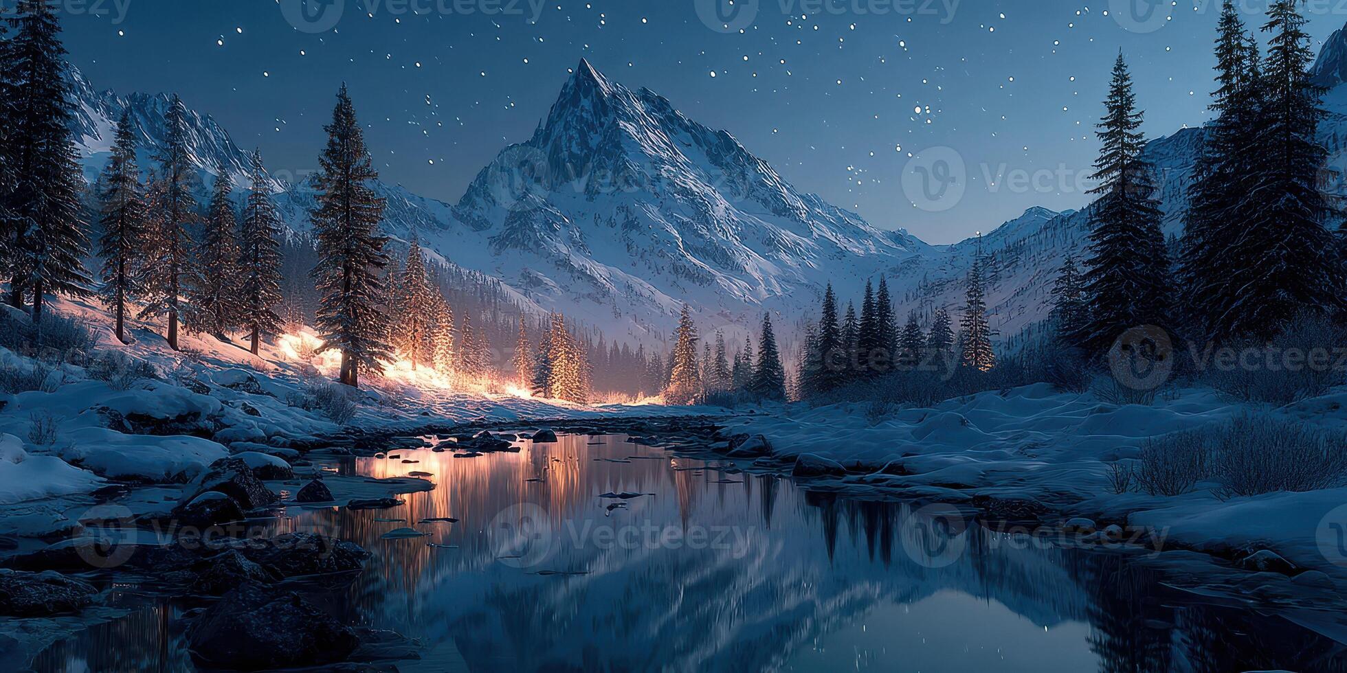 Snowy mountain landscape at twilight with a river reflecting the starry sky and illuminated trees photo