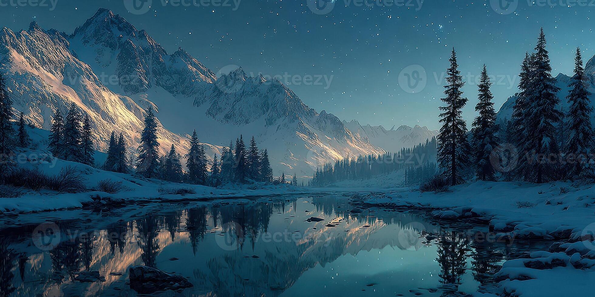 Serene winter landscape with snow-covered mountains and a calm river under a starlit sky at dusk photo