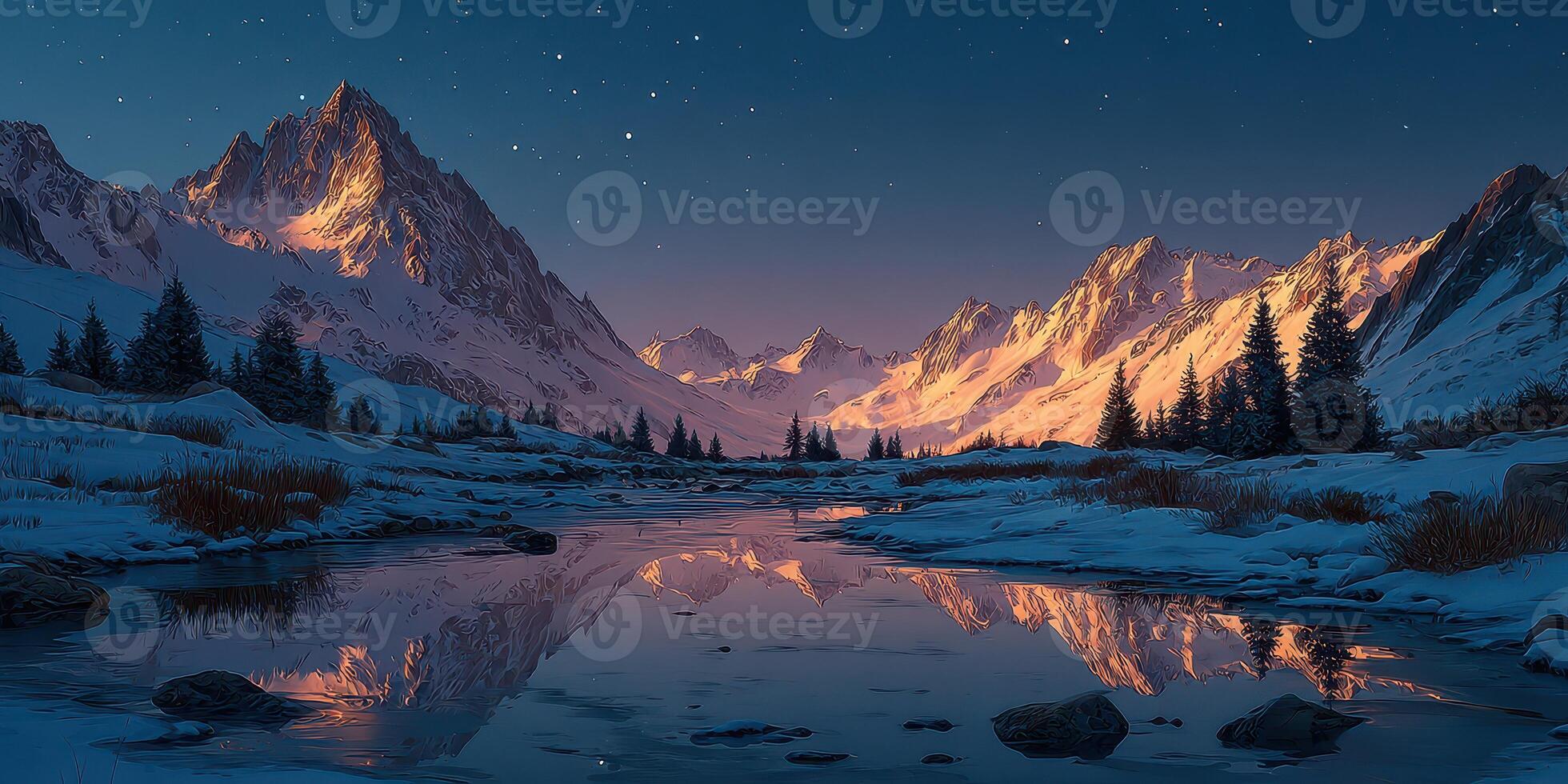 Majestic snow-covered mountains reflecting in a tranquil river under a starry sky at twilight photo