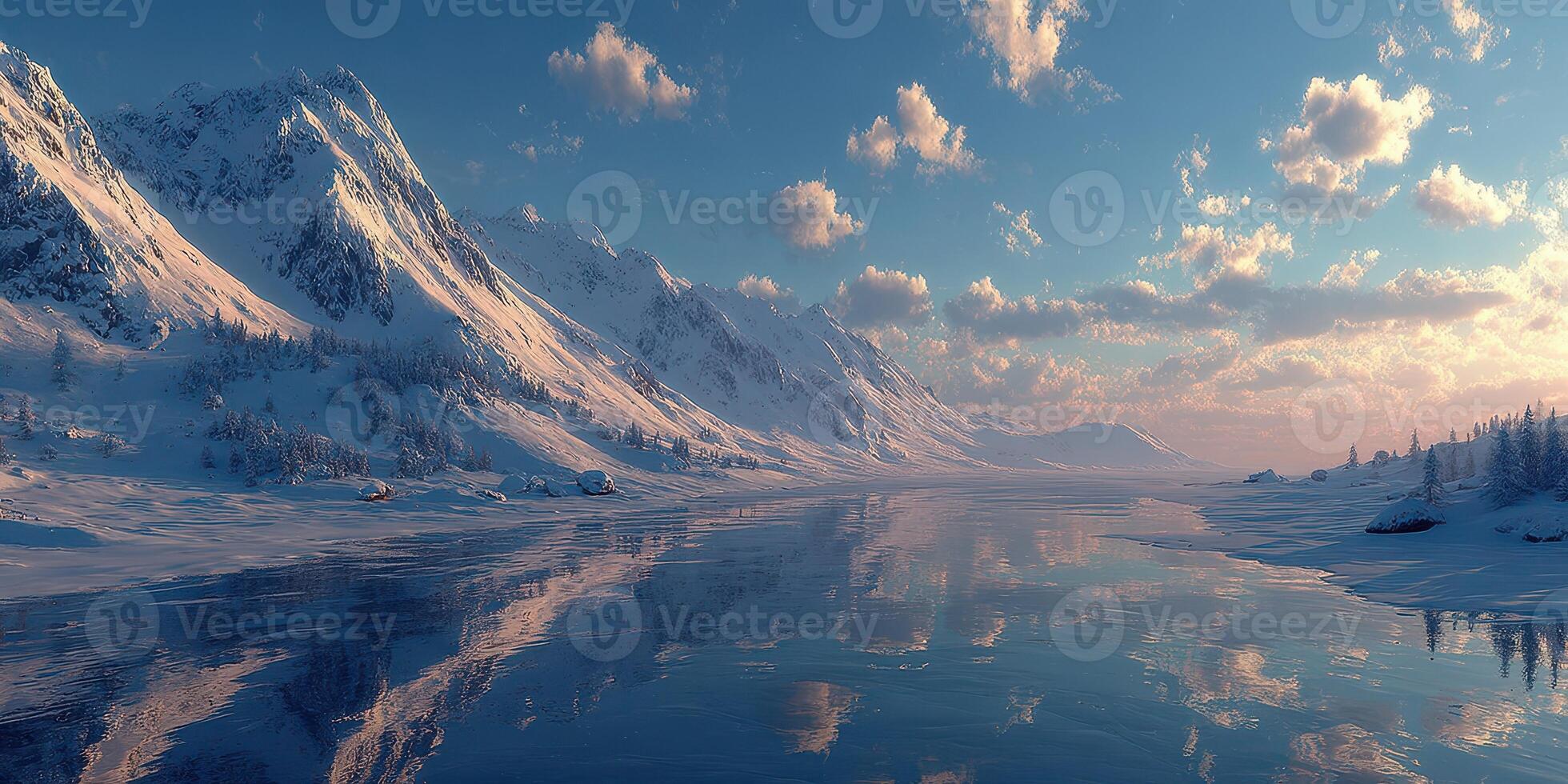 Serenity of a winter landscape with snow-covered mountains and a tranquil lake during golden hour photo