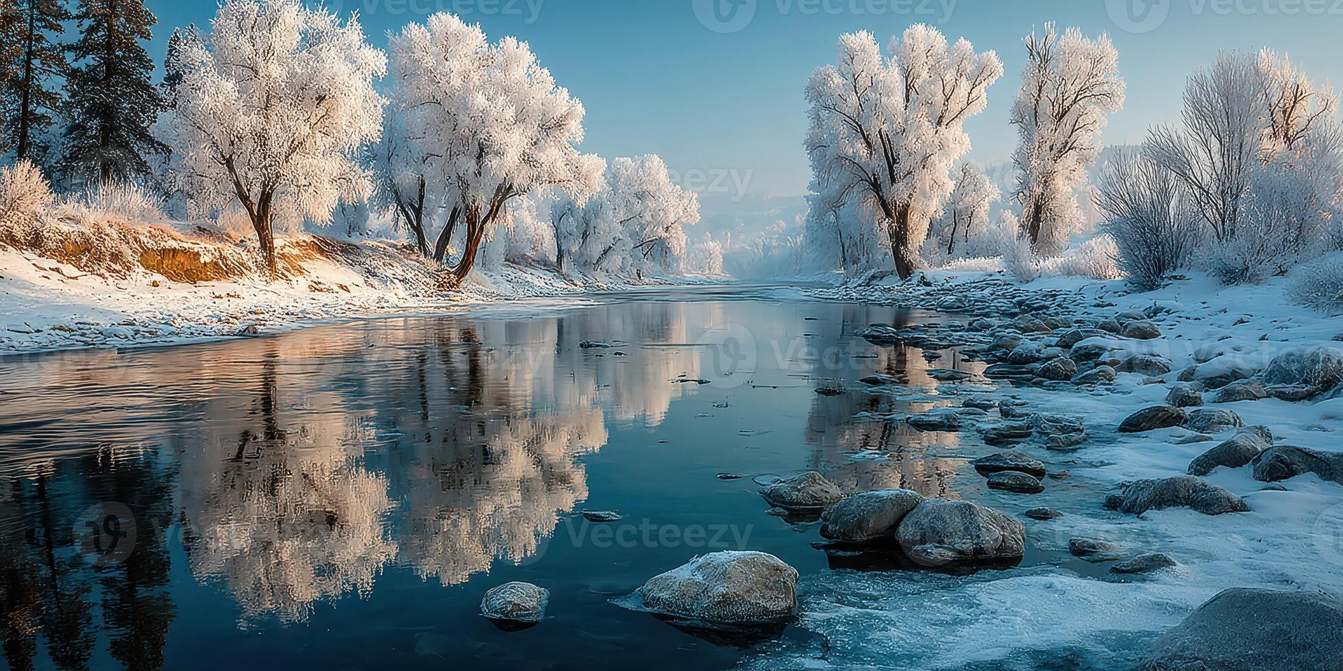 Frozen river reflects winter landscape with snow-covered trees at dawn in a serene natural setting photo
