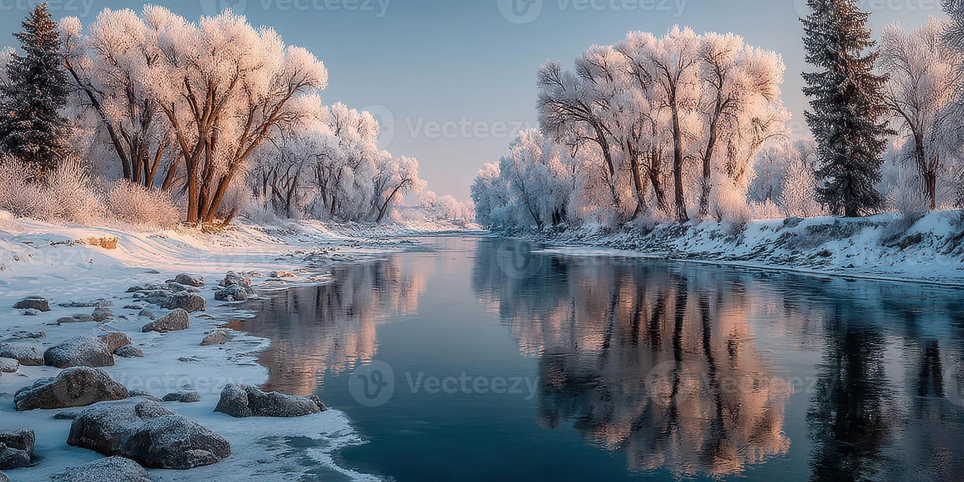 Winter landscape featuring a serene frozen river reflecting frosty trees in a tranquil morning light photo