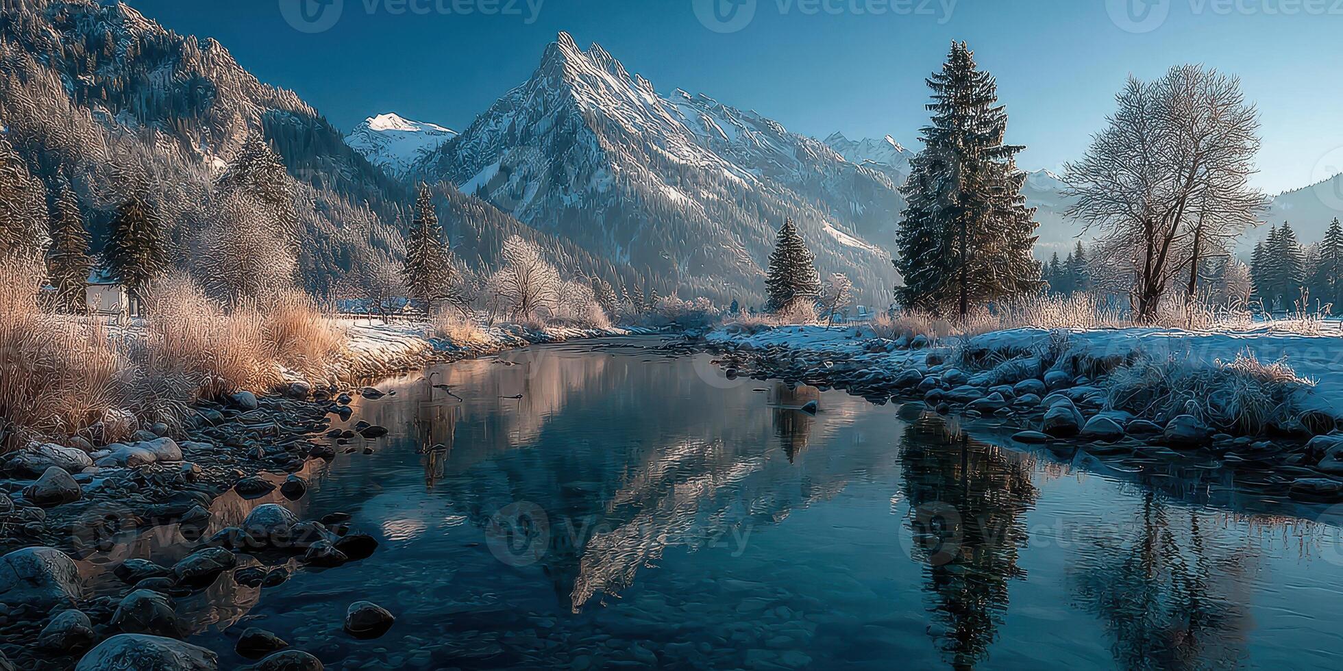 Snowy mountain landscape reflected in a calm river at dawn with frosted trees and rocks along the bank photo
