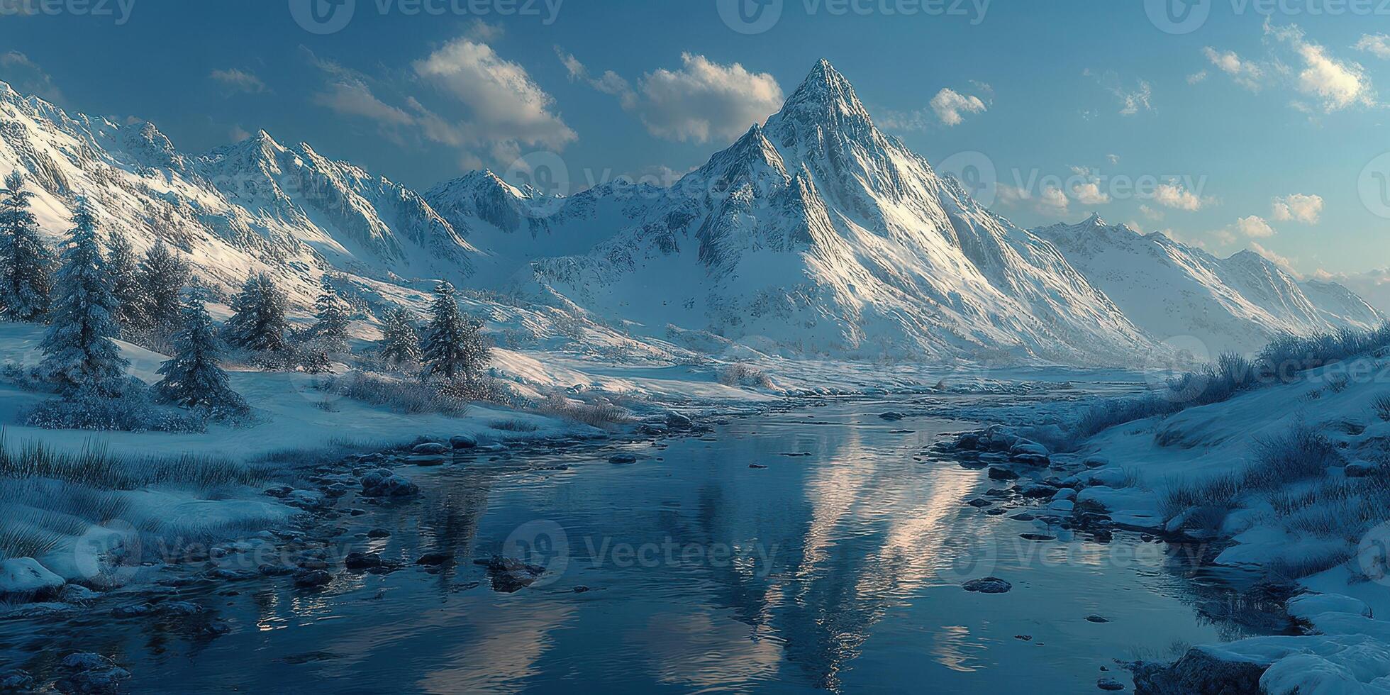 Majestic snowy mountains with tranquil river reflecting blue sky at dusk photo