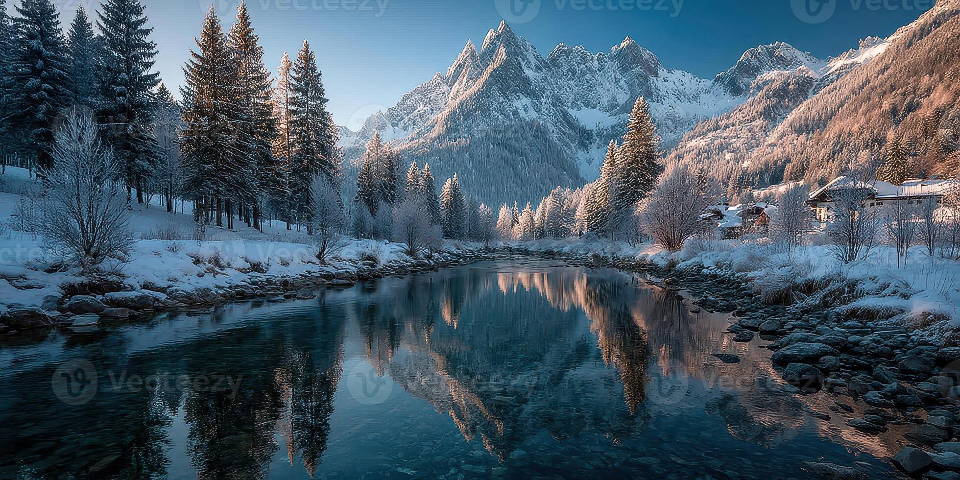 Snowy mountain landscape reflects in calm river at dawn with evergreen trees and serene atmosphere photo