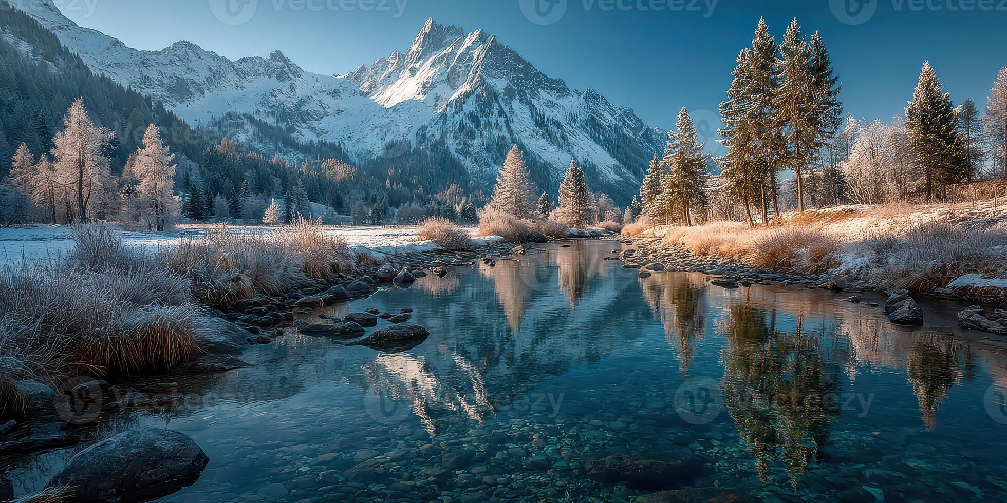 Serene winter landscape features snow-covered mountains and a tranquil river reflecting the sky and trees photo