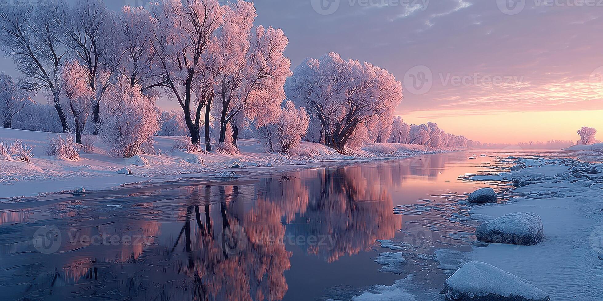 Winter landscape featuring frosty trees and a serene river at sunrise in a tranquil setting photo