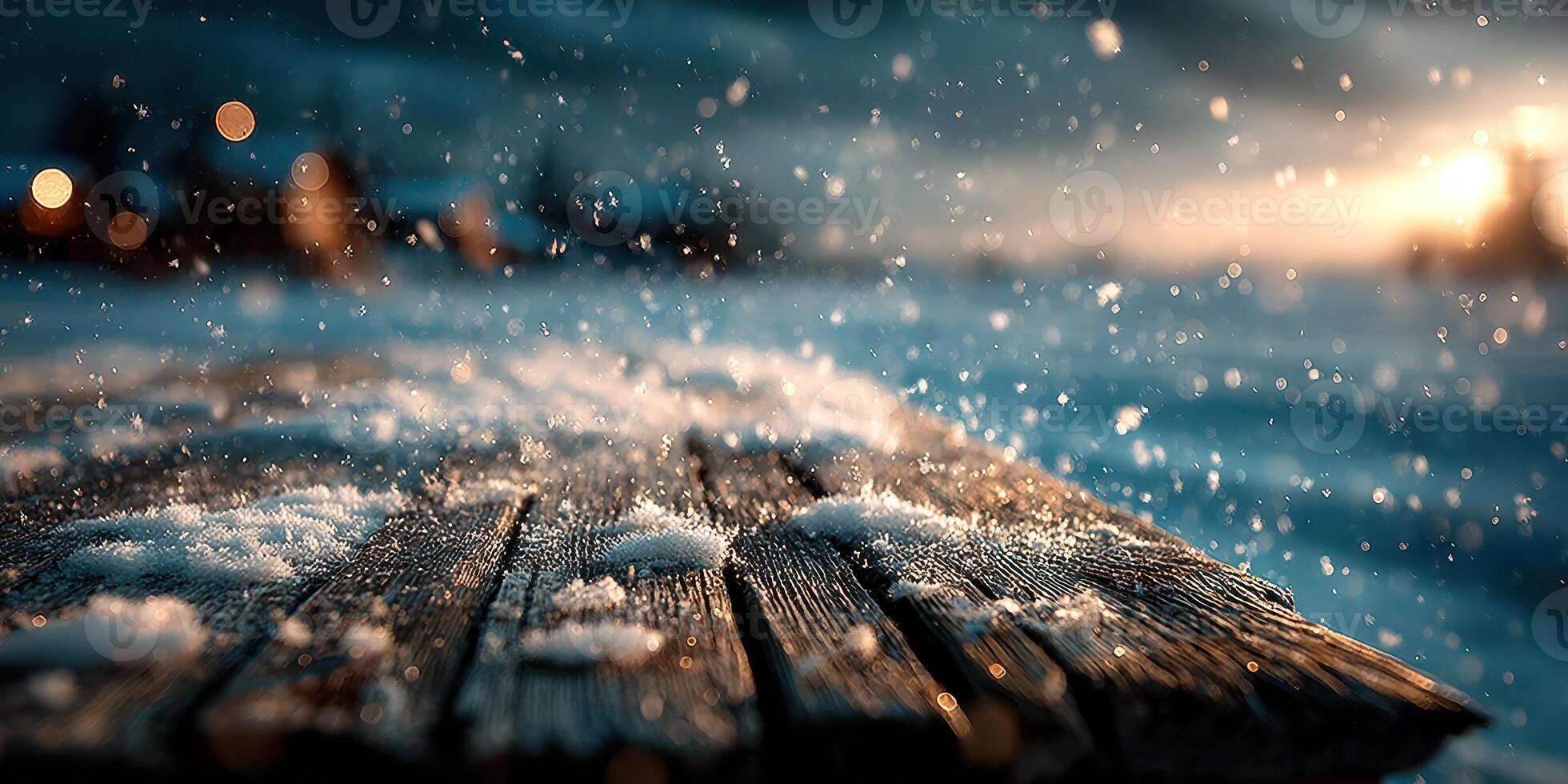 Snowflakes dance over a weathered wooden surface at dusk during winter in a serene outdoor setting photo