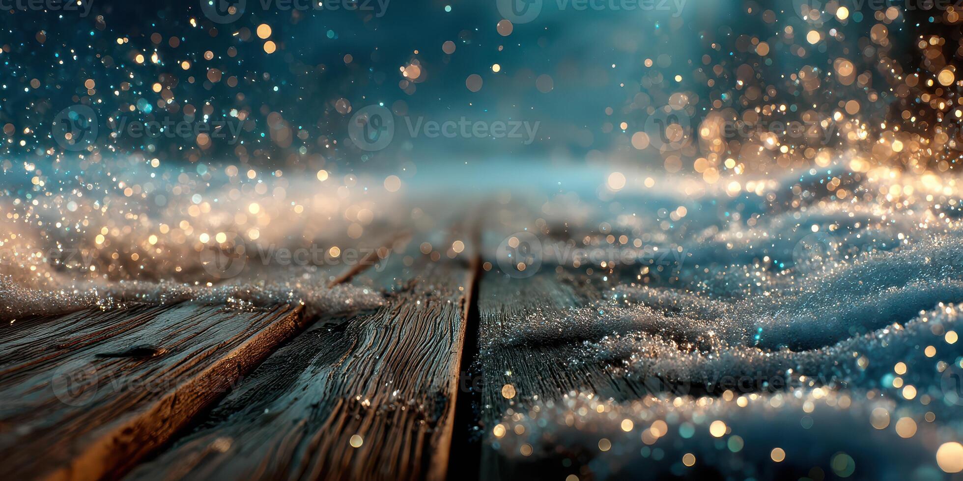 Snowflakes sparkle on wooden surface under soft glowing lights during a winter evening photo