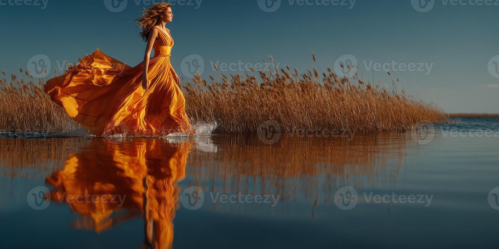 Woman in a flowing orange dress runs through calm water surrounded by tall grass at sunset photo