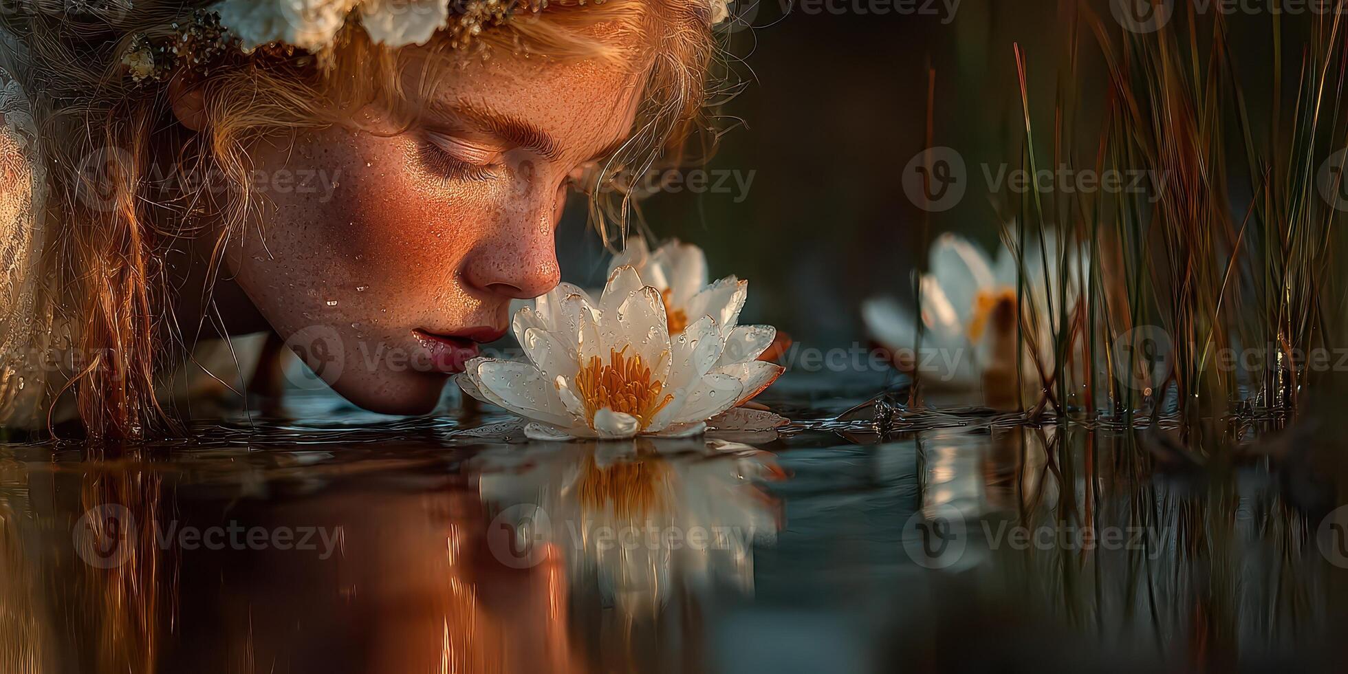 Delicate encounter between a young woman and water lilies at sunset in a serene pond photo